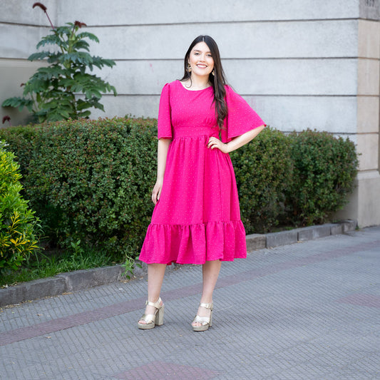 Vestido Plumeti Manga Corta Fucsia